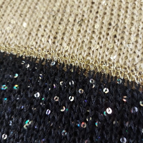 I.C.U. Women's Sequin Striped Pull Over Size L Open Knit Sweater Gold Black - Picture 11 of 14